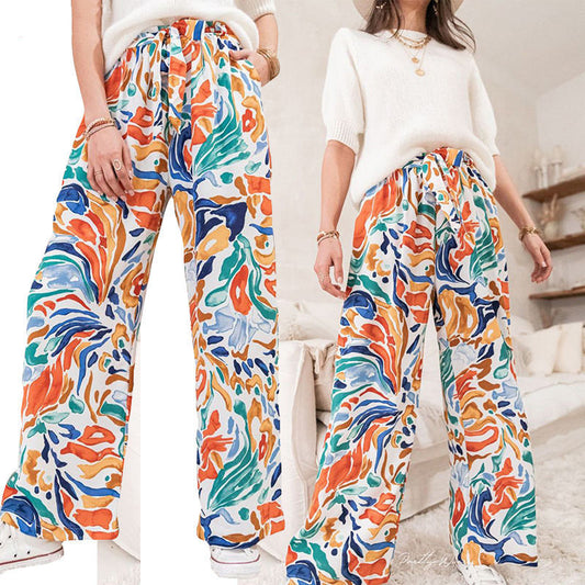 Wide palazzo pants for women with colorful pattern and elastic waist Chic und Stil