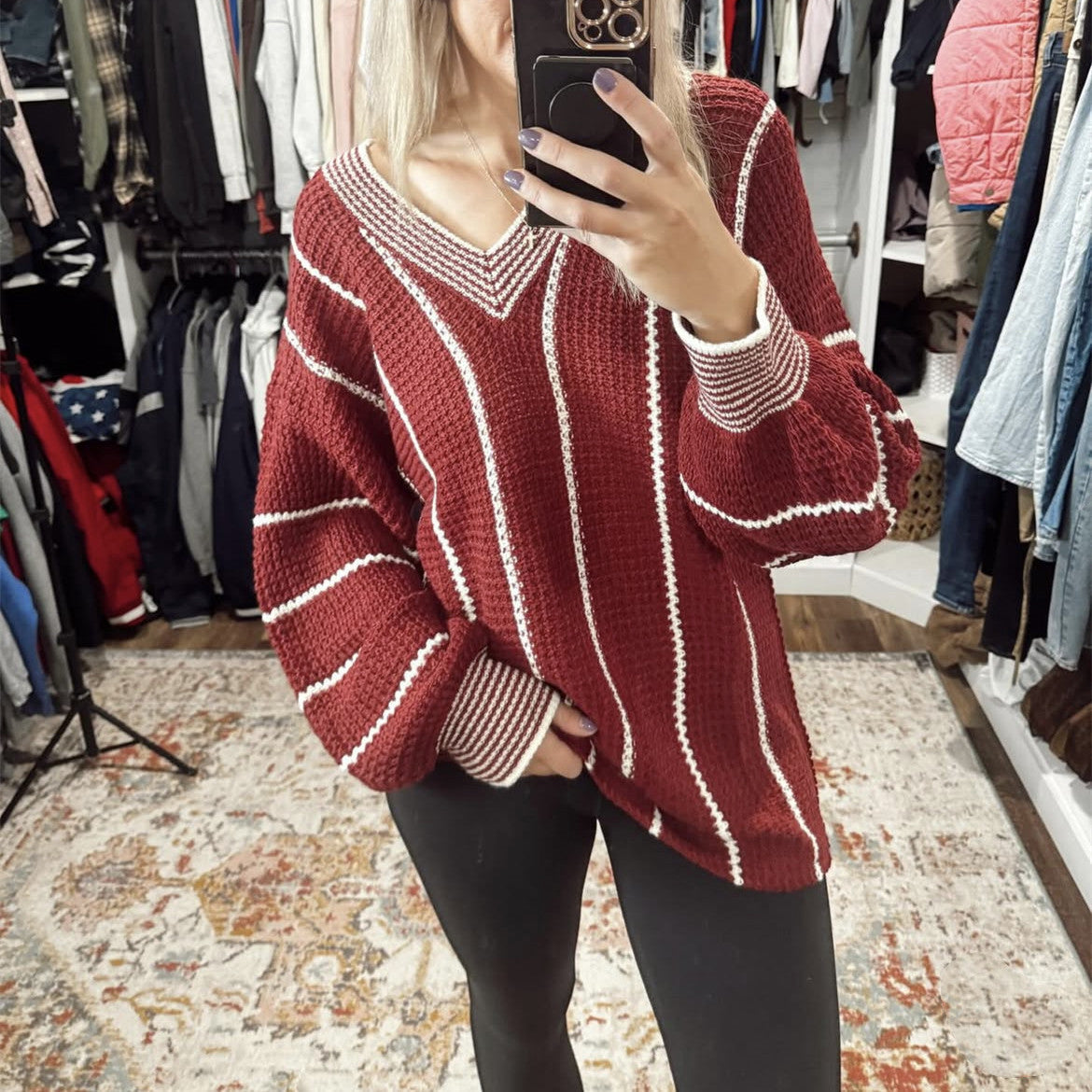 Dames Oversized V-Cou Pull avec motif rayé Chic und Stil