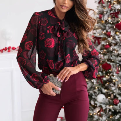 Blouse transparente dames avec design floral et col en nœud élégant Chic und Stil