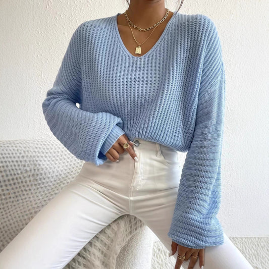 Pull en tricot décontracté pour femmes avec décolleté en V large et manches extra longues Chic und Stil