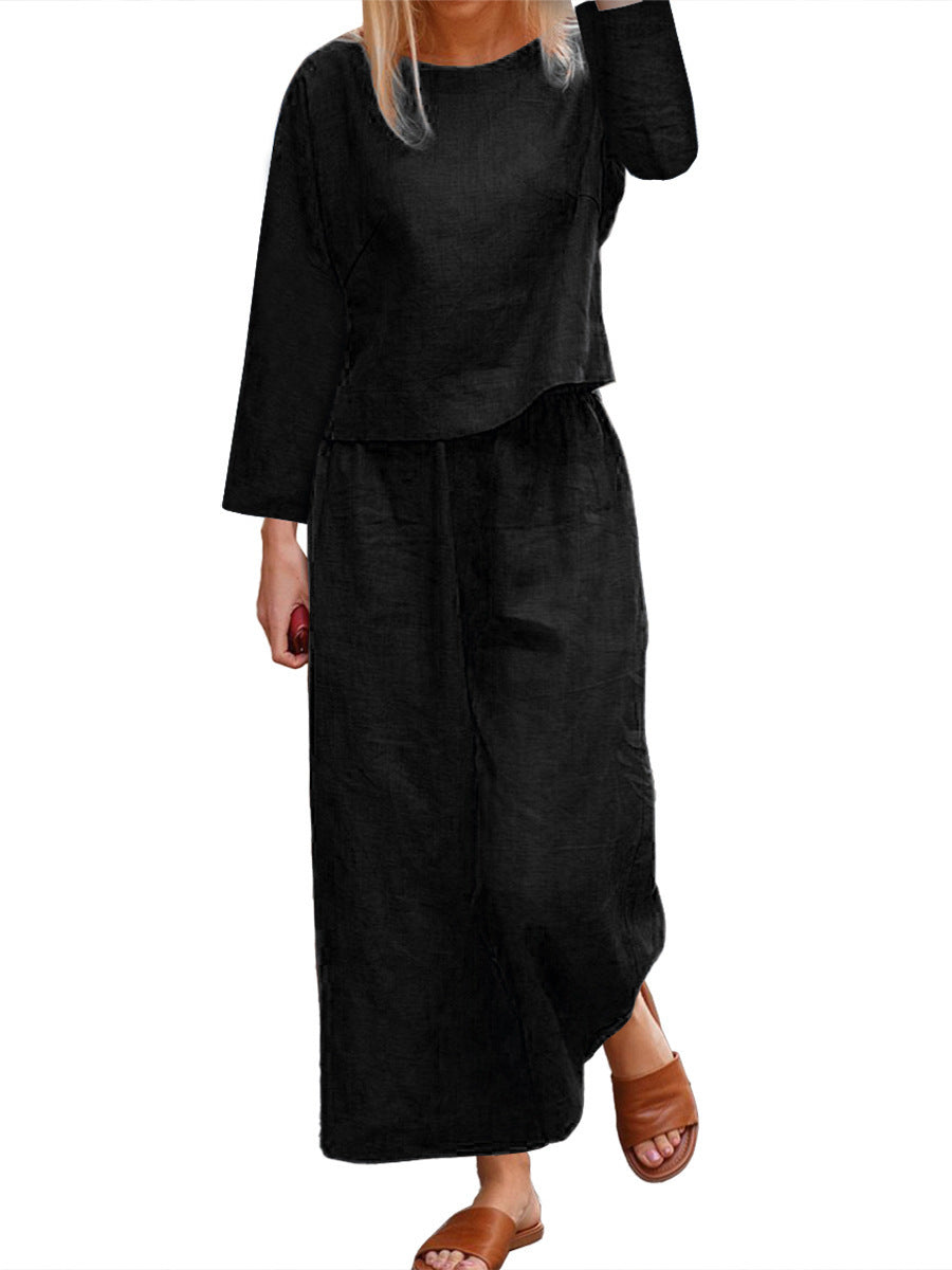 Chic and Style women's long sleeve linen casual set with wide pants