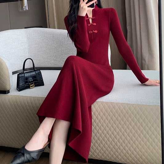 Robe en tricot élégante pour femmes avec col haut et ourlet asymétrique Chic und Stil