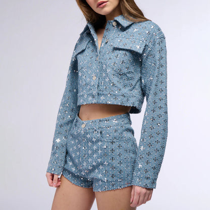 Cropped denim jacket for women with sparkling star pattern and matching shorts Chic and Style