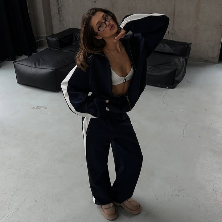 Women's sports jacket and loose pants set with contrasting band Chic and Style
