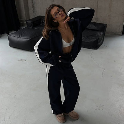 Women's sports jacket and loose pants set with contrasting band Chic and Style