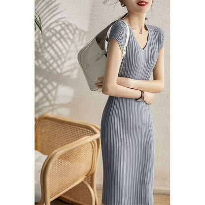 Robe maxi plissée élégante à col en V pour femmes Chic und Stil
