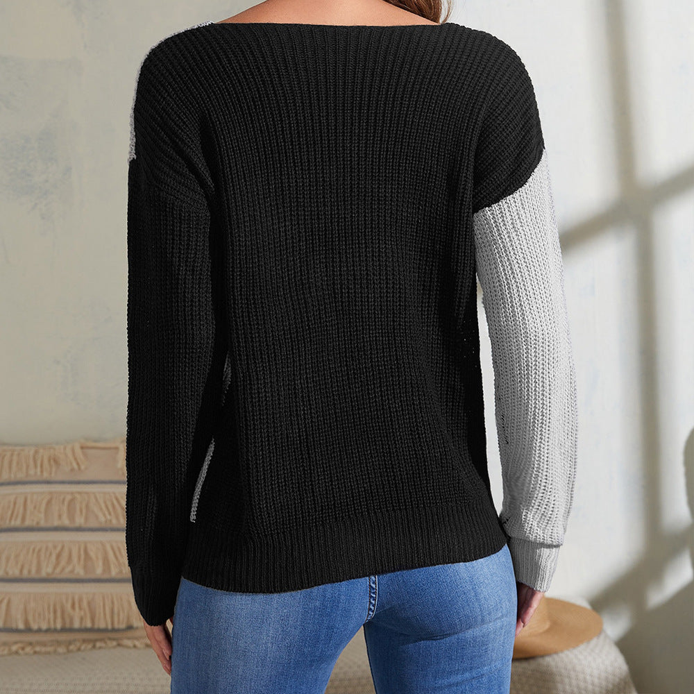 Pull décontracté pour femmes avec jeu de couleurs asymétrique et décolleté en V Chic und Stil