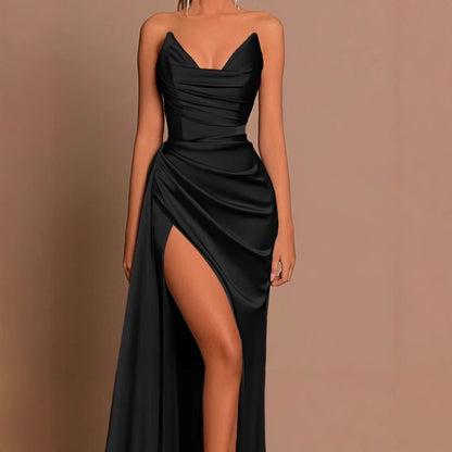 Dames Robe Maxi à Manches Longues Élégante avec Détails Drapés et Fente Haute Chic und Stil