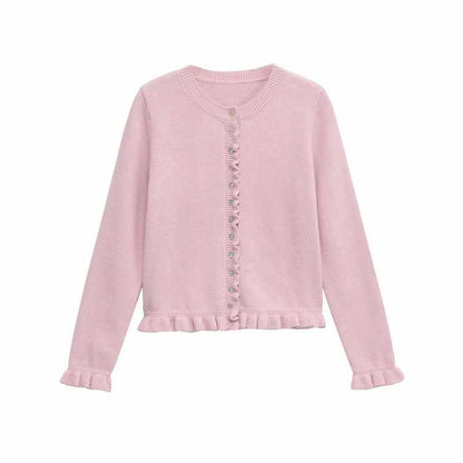 Dames cardigan en tricot confortable avec des boutons décoratifs et un design à volants tendance Chic und Stil