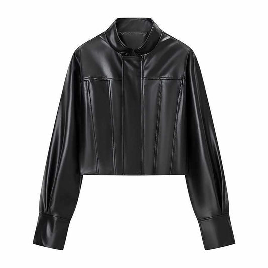 Dames élégant cropped cuir veste avec design texturé Chic und Stil