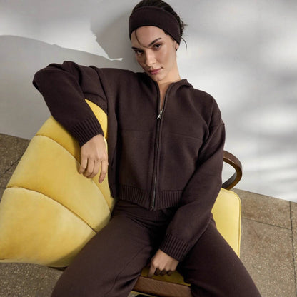 Casual knit outfit for women with hoodie jacket and comfortable palazzo pants Chic and Style