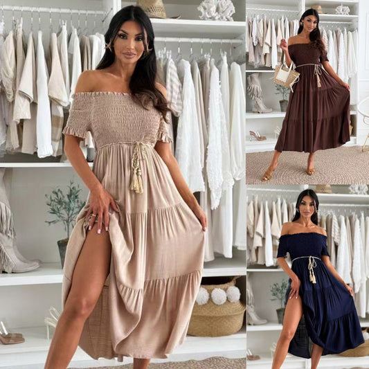 Robe maxi à épaules dénudées pour femme avec nœud à la taille Chic und Stil