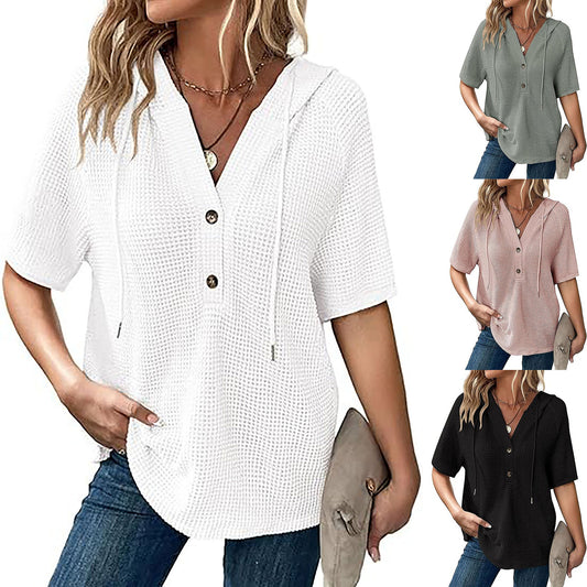 Women's short-sleeved waffle-knit blouse with hood and button placket Chic und Stil