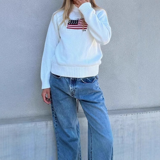 Pull décontracté pour femme avec motif de drapeau créatif et tricot doux Chic und Stil