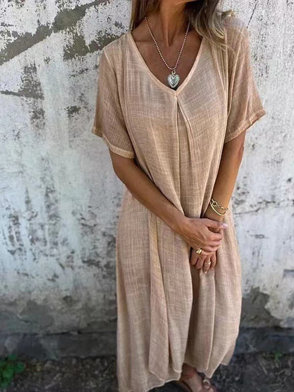 Robe maxi décontractée pour femmes en tissu léger avec décolleté en V et manches courtes Chic und Stil