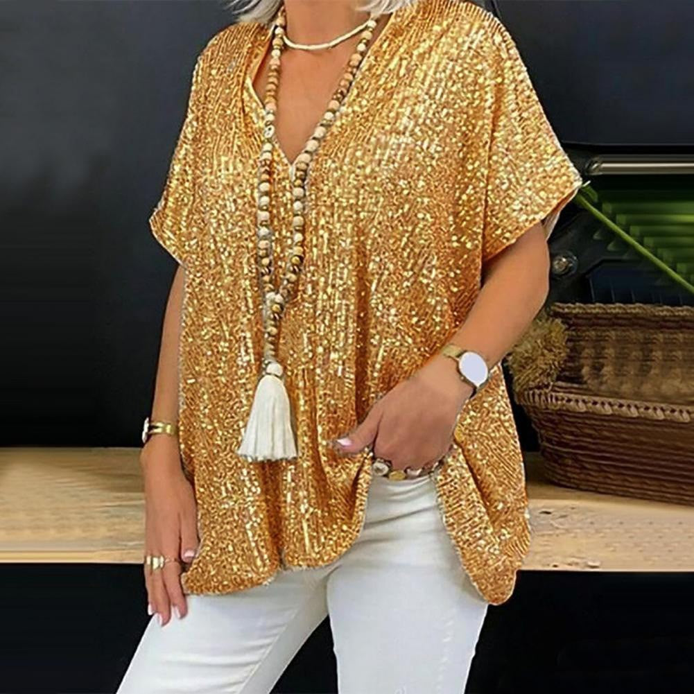 T-Shirt tunique paillettes glamour pour femmes avec décolleté en V Chic und Stil