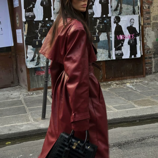 Dames élégante trench-coat en simili cuir avec ceinture et grands revers Chic und Stil