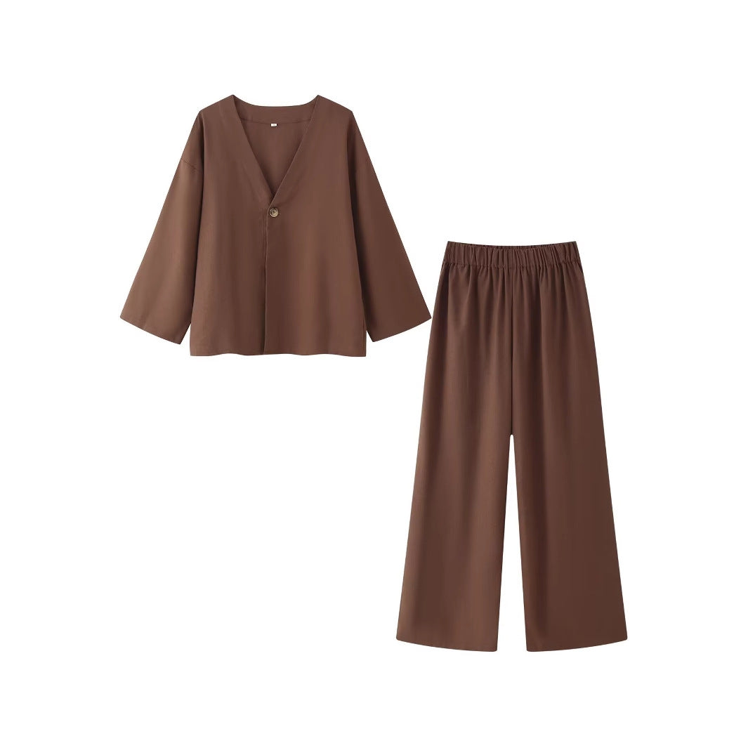 Damen Ensemble composé d'une blouse élégante à décolleté en V et de pantalons palazzo larges Chic und Stil