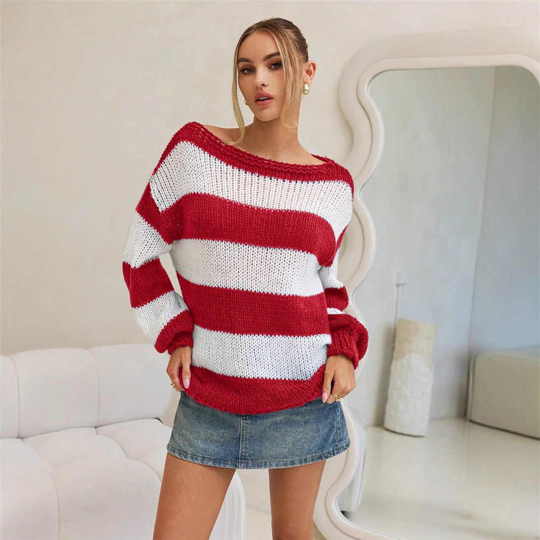 Dames Pull en Tricot Oversize avec Rayures Maritimes Chic und Stil