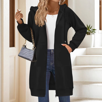 Ladies long hooded jacket with zipper and practical pockets Chic and Style