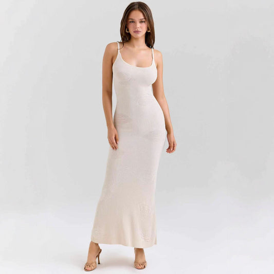 Dames Élégante Robe Maxi avec fines bretelles spaghetti et motif texturé discret Chic und Stil