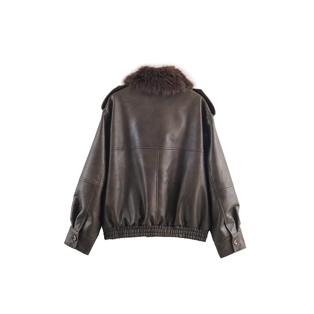 Damen Veste en similicuir avec col en fausse fourrure amovible et poches pratiques Chic und Stil