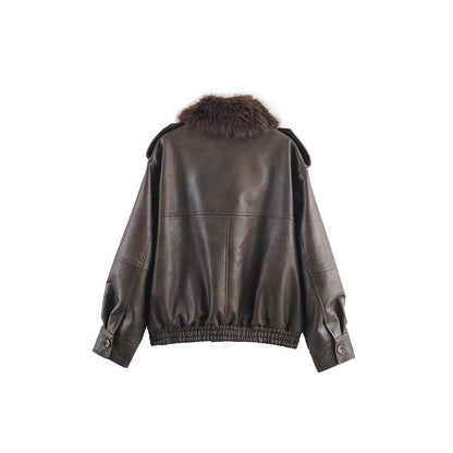 Damen Veste en similicuir avec col en fausse fourrure amovible et poches pratiques Chic und Stil