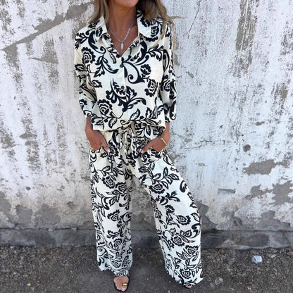 Chic and Style floral print shirt and wide leg pants set for women