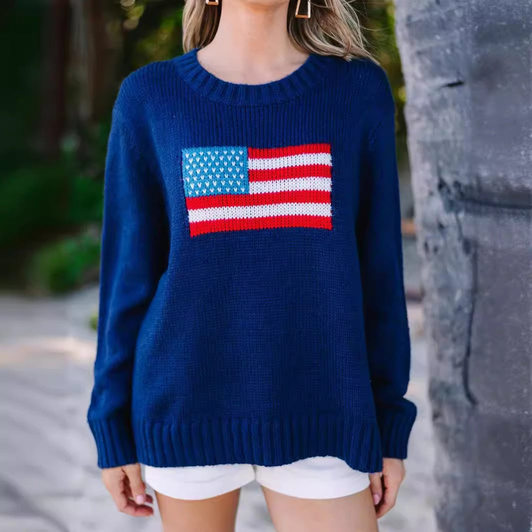 Pull tendance pour femmes avec broderie de drapeau des États-Unis en coton aérien Chic und Stil