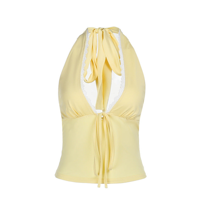 Dames Halter Neck Top en Dentelle Cropped Chic und Stil