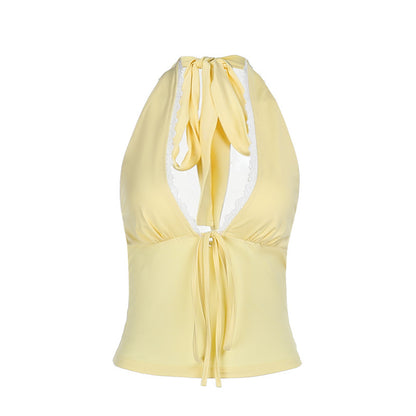 Dames Halter Neck Top en Dentelle Cropped Chic und Stil