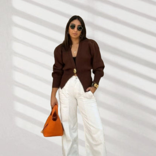 Dames Élégante Cardigan avec décolleté V plongeant et bouton décoratif Chic und Stil