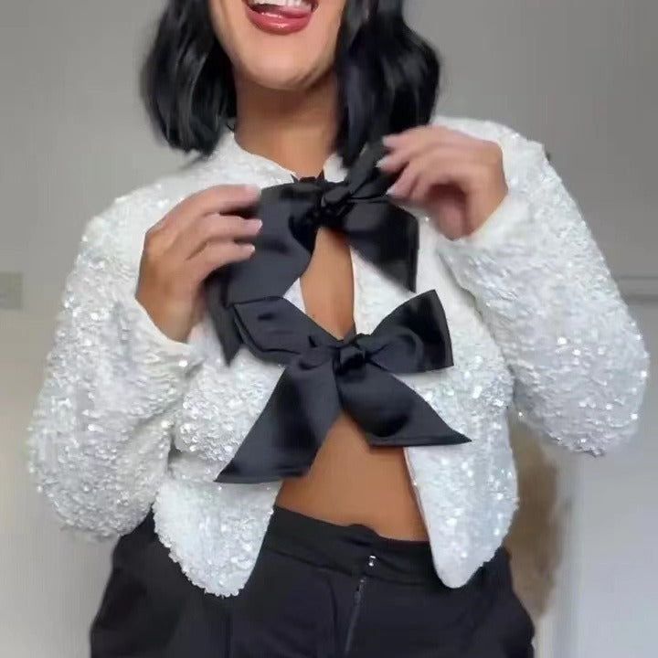 Dames Élégante Veste avec Ornements en Paillettes et Détail de Nœud Chic und Stil