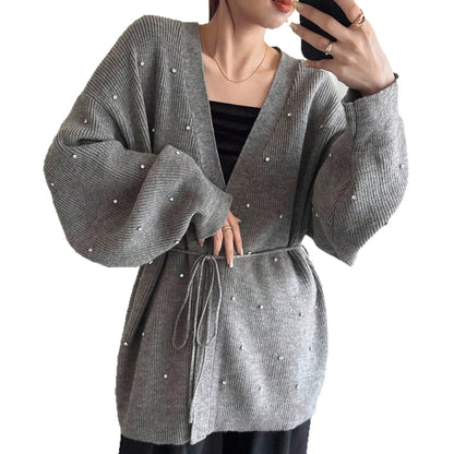 Dames Élégant Cardigan en Tricot avec Accent de Perles Chic und Stil