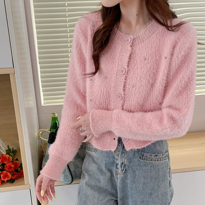 Dames élégante cardigan en tricot avec des accents de perles tendance Chic und Stil