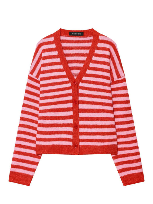 Dames gilet rayé à la mode avec décolleté en V et liston de boutons Chic und Stil