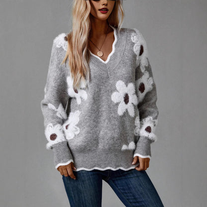 Pull en tricot pour femmes avec design floral et col en V Chic und Stil