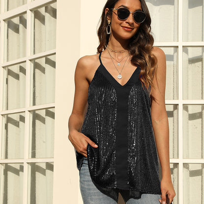 Women's Sparkly Sequin Blouse with V-Neckline Chic and Style