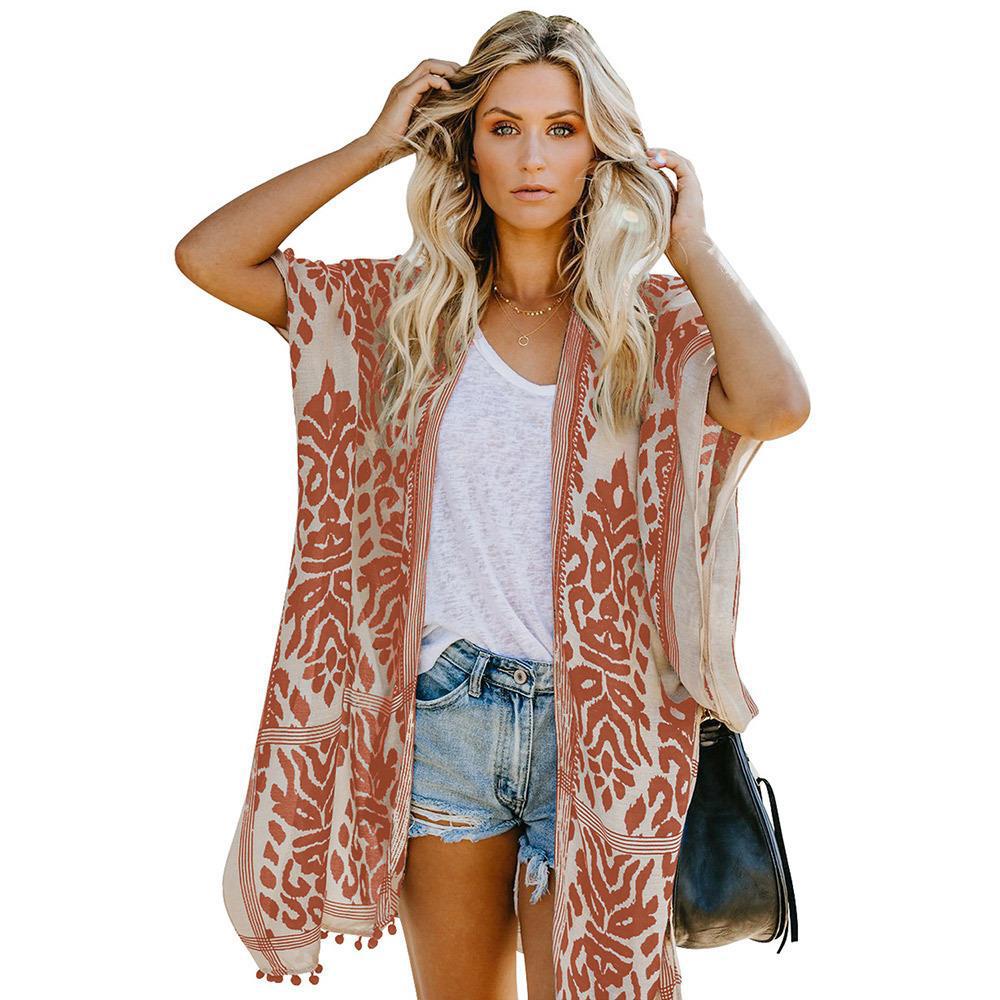 Dames Cardigan kimono léger avec motif élaboré et ourlet à franges Chic und Stil