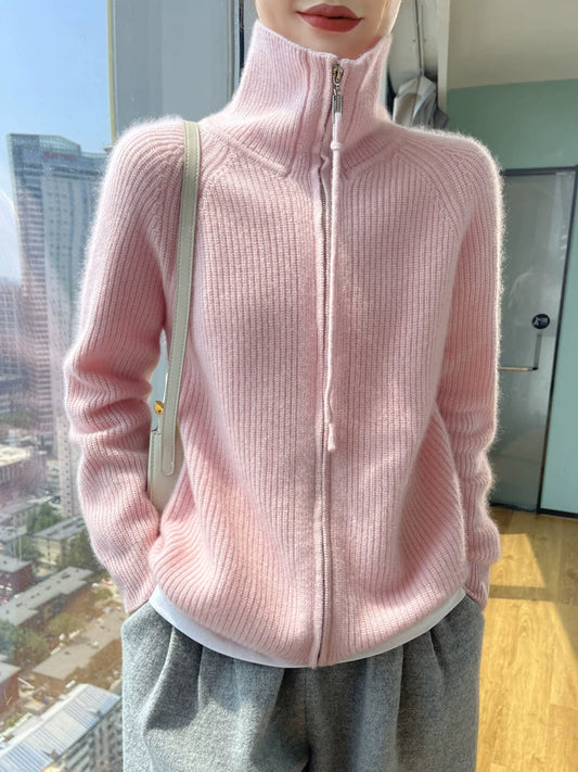 Ladies cozy wool sweater with full zipper Chic und Stil