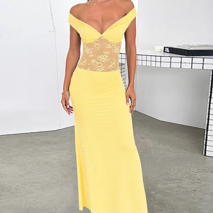Femmes Élégante Robe Maxi Off-Shoulder avec Haut en Dentelle Transparent et Ourlet Élastique Étroit Chic und Stil