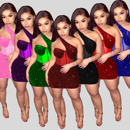 Women's One Shoulder Mini Dress Shiny Chic and Stylish