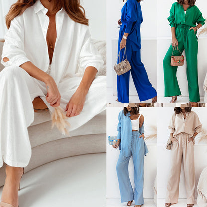 Casual two-piece set for women with loose blouse and wide linen pants Chic and Style