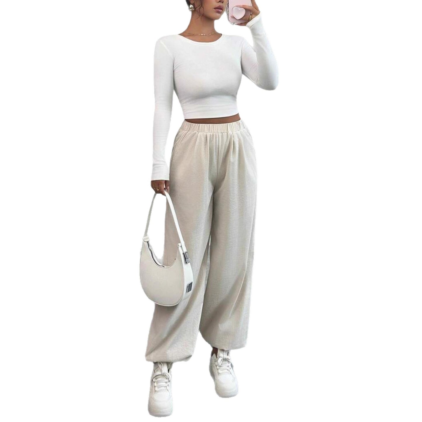 Ladies Long Sleeve Cropped Top Comfortable with Soft Ribbed Design and Stylish Casual Pants Chic and Style