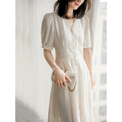 Robe midi A-line à manches bouffantes avec boutons pour femmes Chic und Stil