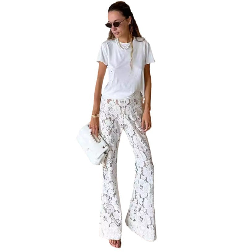 Elegant Lace Pants for Ladies with Wide Leg and Chic Floral Details