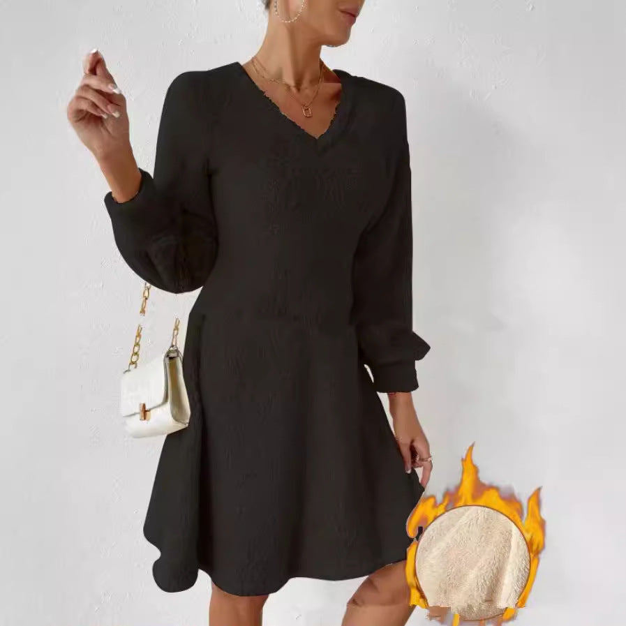 Dames Robe Douce à Col V avec Manches Longues Chic und Stil