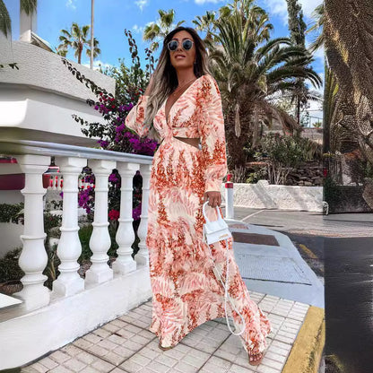 Robe maxi pour dames avec un élégant décolleté en V et un ourlet volanté ludique Chic und Stil
