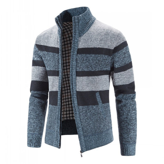 Fashion knitted pullover for men with full zipper and striped design Chic und Stil