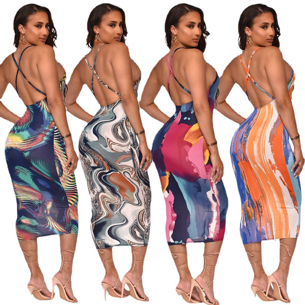 Women's Chic and Elegant Abstract Pattern Fitted Midi Dress